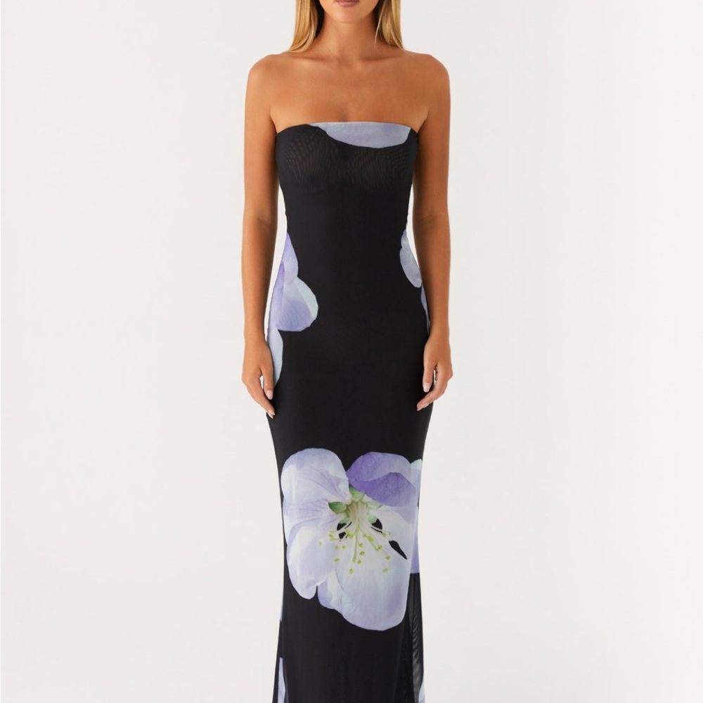 Peppermayo Strapless Dress with Lavender Floral on Black